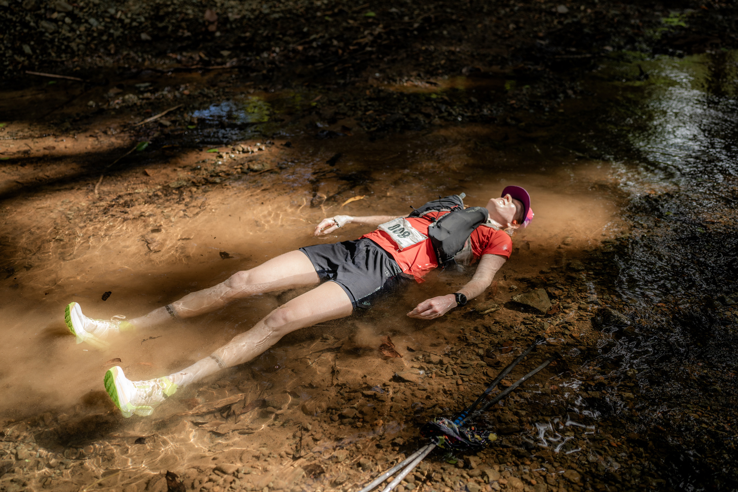 Løper ligger i vannet og kjøler seg ned