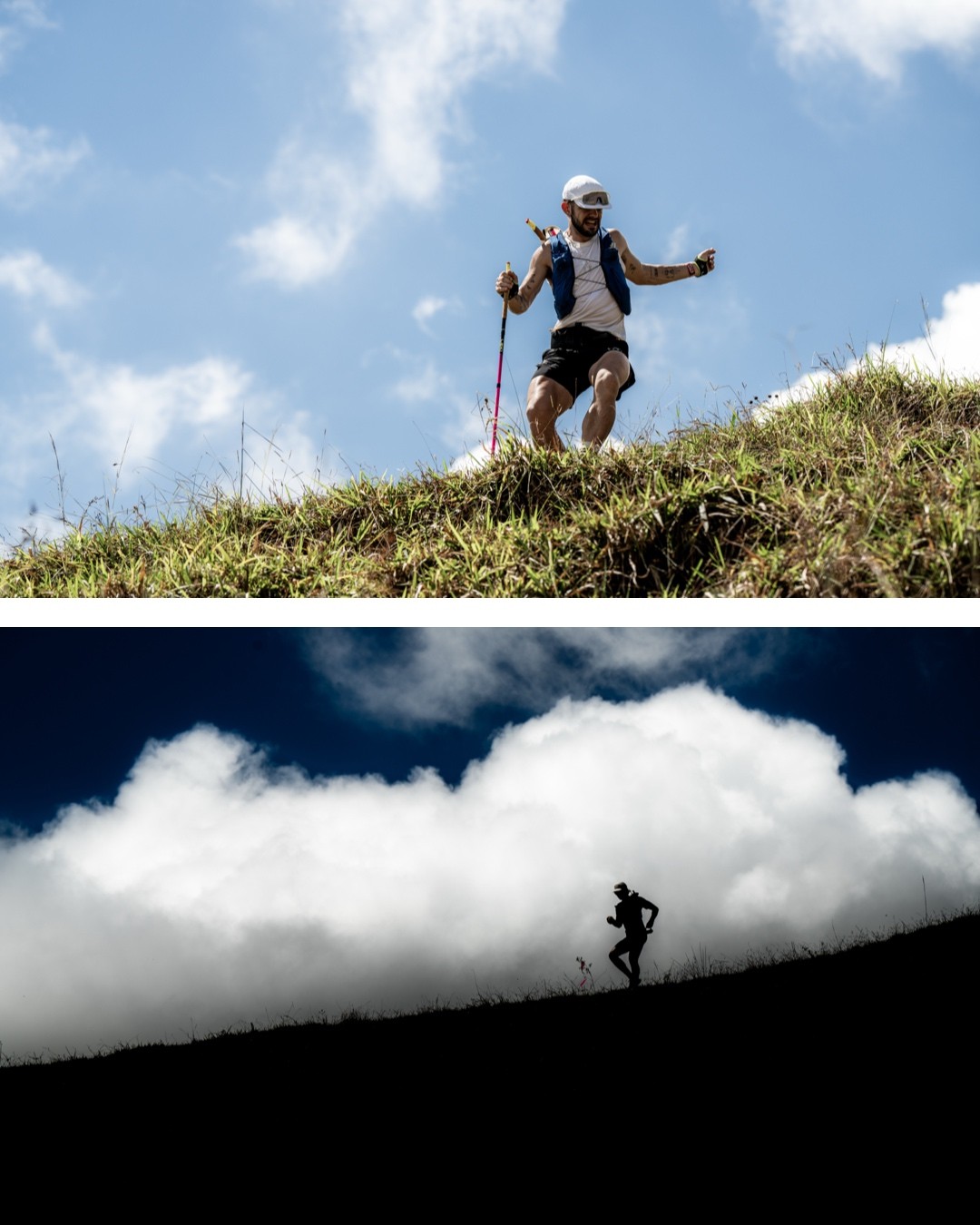 To bilder i et. En av en løper i profil med en stor sky bak seg, en av en løper forfra, løpende ned en bratt bakke i terrenget.